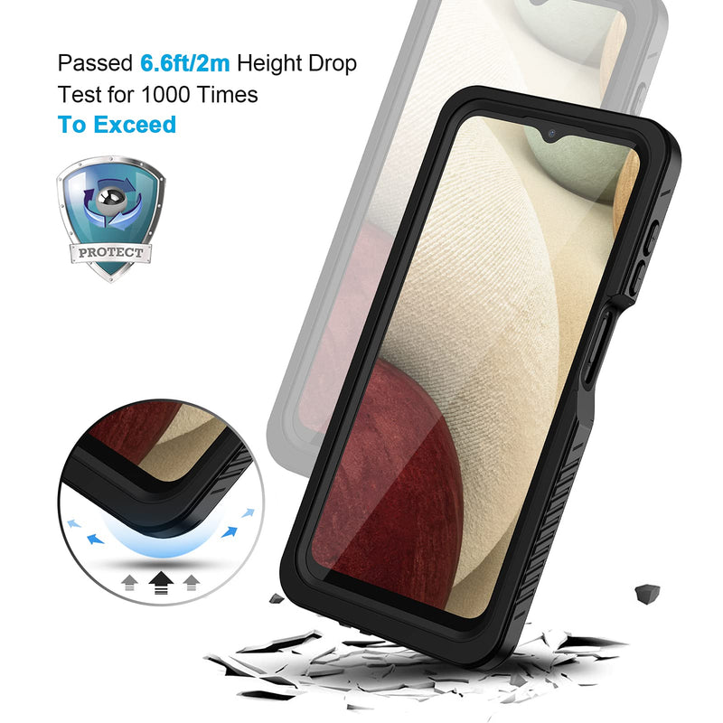 Lanhiem Samsung A12 Case, IP68 Waterproof Dustproof Case with Built-in Screen Protector, Full Body Heavy Duty Shockproof Protective Cover for Samsung Galaxy A12 6.5 Inch (Black/Clear)