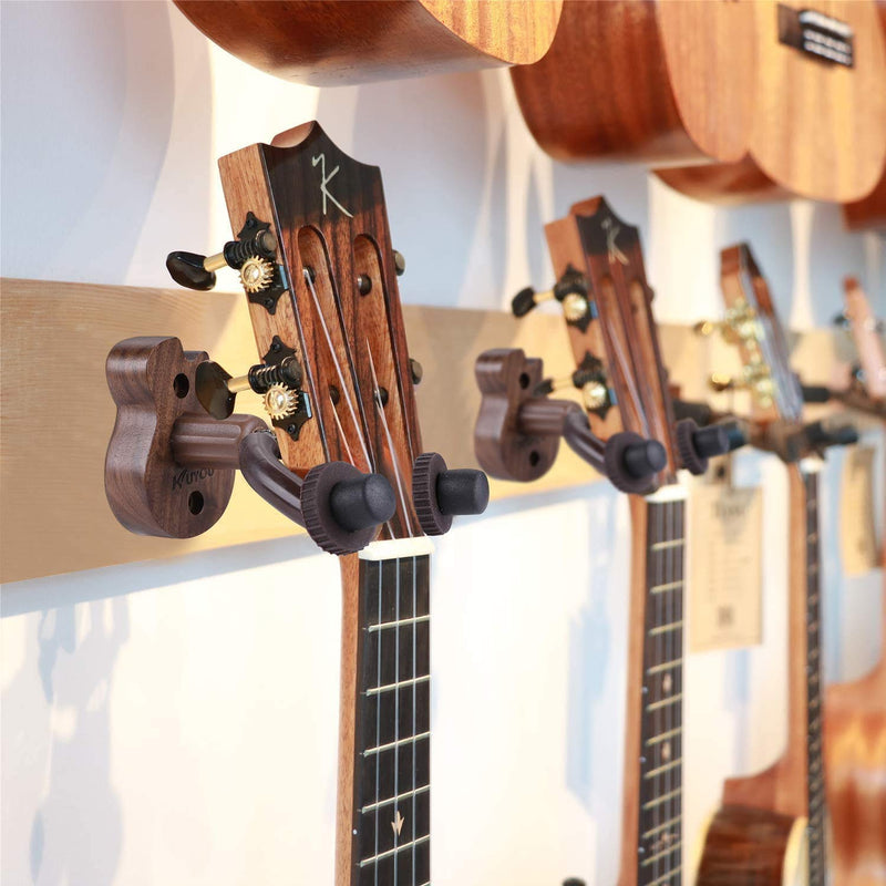 Guitar Ukulele Wall Mount Hanger 2 Pack Black Walnut Wood Guitar Hanger Wall Hook Holder Stand Accessories for Bass Ukulele Electric Acoustic Guitar Violin Banjo Mandolin