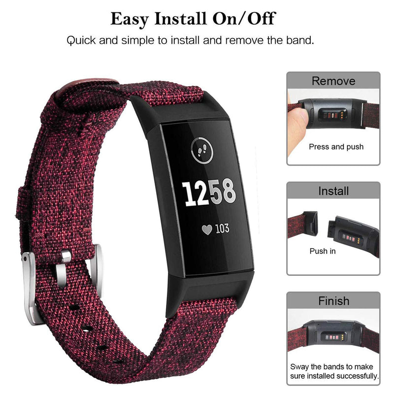 hooroor Canvas Woven Band Compatible for Fitbit Charge 4 / Charge 3 Bands and Charge 3 SE Band, Soft Breathable Fabric Cloth Replacement Wristbands Sports Accessories Small Large for Women Men Red Colth