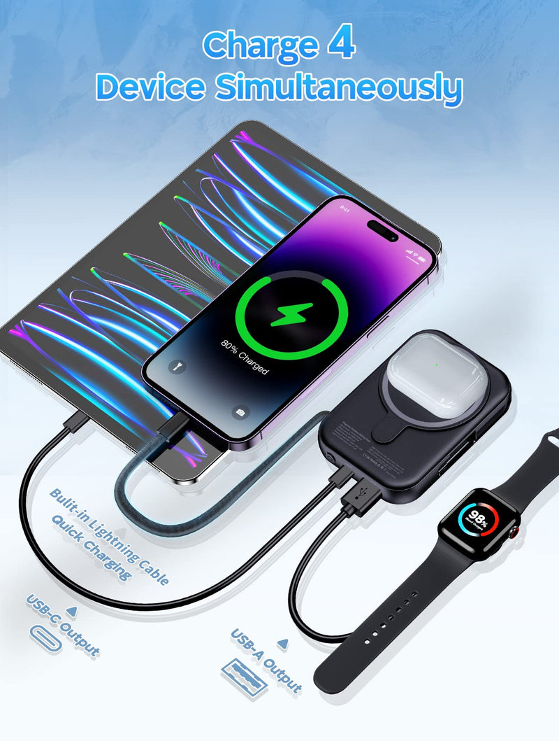 Ceftydy Magnetic Wireless Portable Charger, 10000mAh Battery Pack with USB-C Cable & LED Display, Built-in Lightning Cable, Magnetic Power Bank 20W PD Fast Charging for iPhone 14/13/12 Series