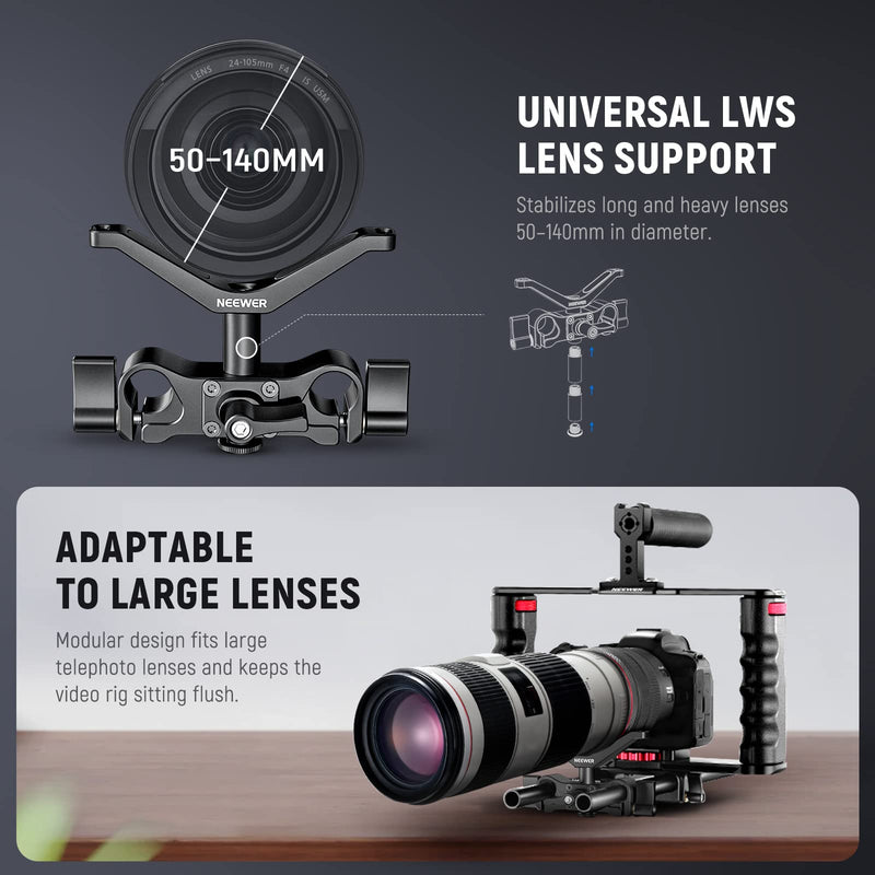 NEEWER Camera Lens Support with Dual 15mm Rod Rail Clamp, Universal LWS Y Bracket with 2.2"/55mm Height Adjustment for Heavy Lenses, Compatible with SmallRig Cage Sony A7 Canon R5 BMPCC 6K Pro, CA012