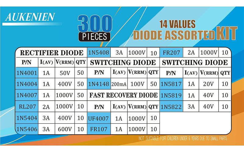 AUKENIEN 14 Values 300pcs Diode Assortment Kit Including Switching Rectifier Schottky Fast Recovery Diodes 1N4148 1N4001 1N4004 1N4007 1N5404 1N5406 1N5408 1N5817 5819 5822 FR107 FR207 RL207 UF4007
