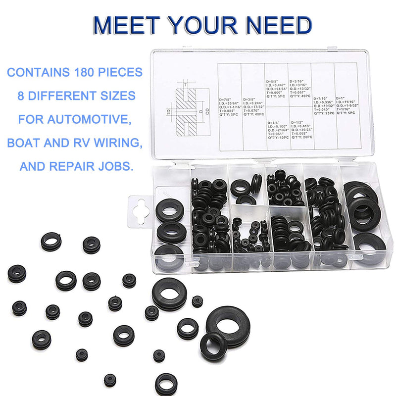 Rubber Grommet Assortment Kit - Wire Grommets, 180 Pieces Eyelet Ring Gasket Electrical Conductor Gasket Ring Set with Storage Container for Wire, Plug, Cable,Firewall, Hole Cover Repair