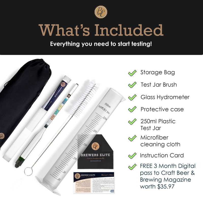 Brewer's Elite Hydrometer & Plastic Test Jar - for Home Brew Beer, Wine, Mead and Kombucha - Deluxe Triple Scale Set, Hardcase and Cloth - Specific Gravity ABV Tester Hydrometer & Plastic Test Jar Kit