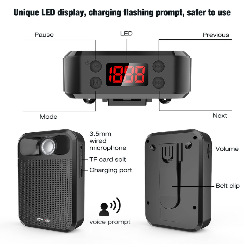 Portable Voice Amplifier, Towevine Rechargeable Microphone for Teachers, Speaker with Headset and Waistband for Classroom, Singing, Coach, Training, Presentation, Tour Guide Black