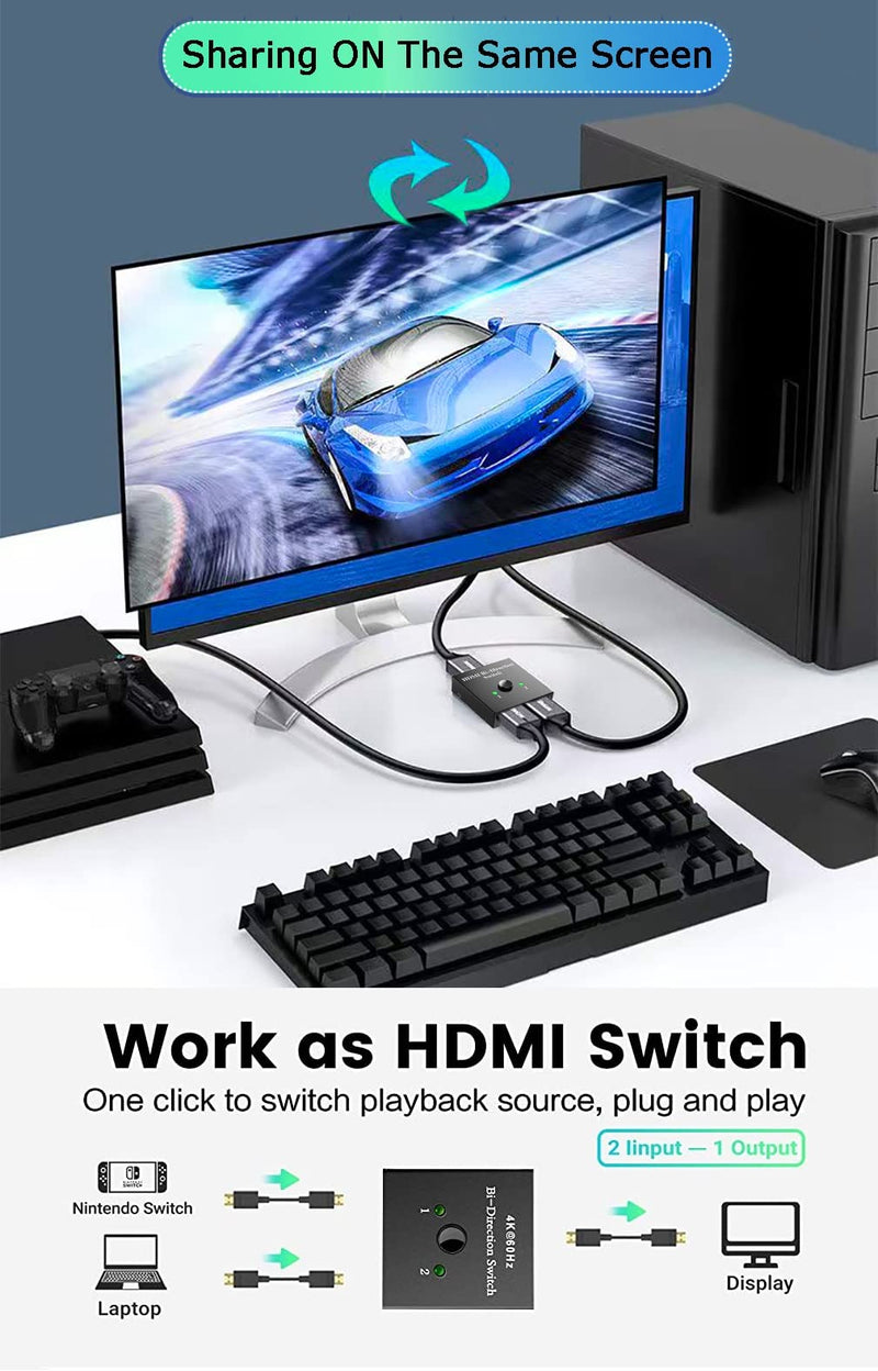 HDMI Switch 4K 60Hz, MVBOONE HDMI Splitter 2 in 1 Out, Ultra HD 4K 1080P 3D HDR, Compatible for HDTV, Xbox, PS5/4/3, Roke, Blu-Ray Player