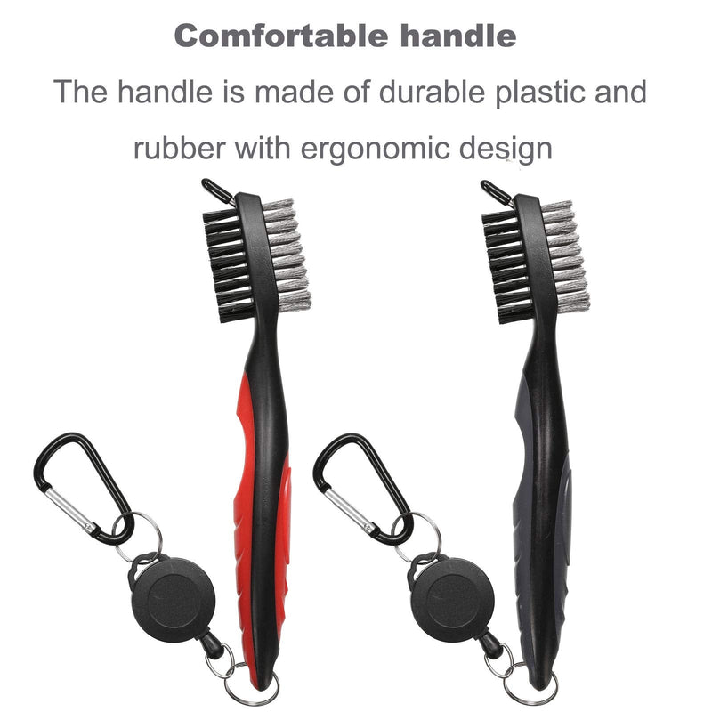 Borogo Pack of 2 Golf Club Brush Groove Cleaner with 2 Ft Retractable Zip-line and Aluminum Carabiner Cleaning Tools Black + Red