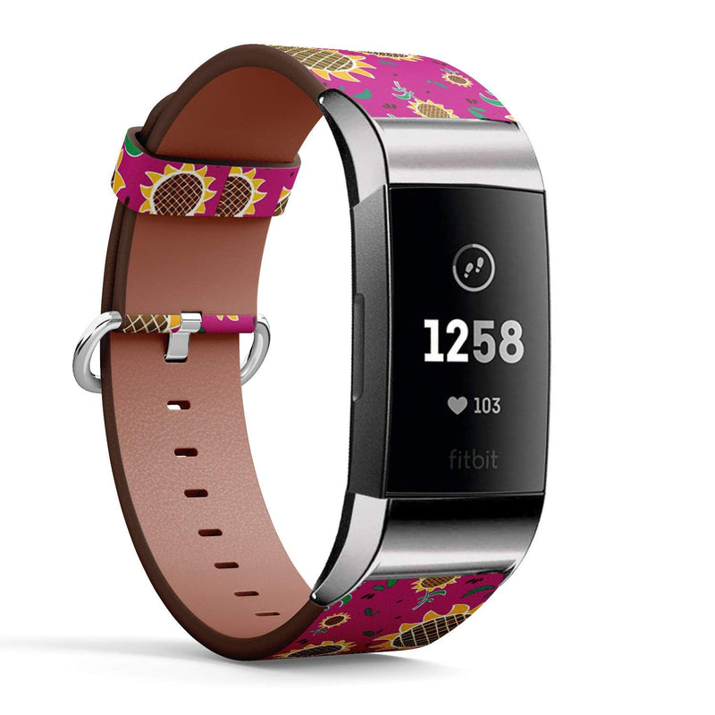 Compatible with Fitbit Charge 3 / Charge 3 SE - Leather Band Bracelet Strap Wristband Replacement with Adapters - Sunflowers Floral Sunny