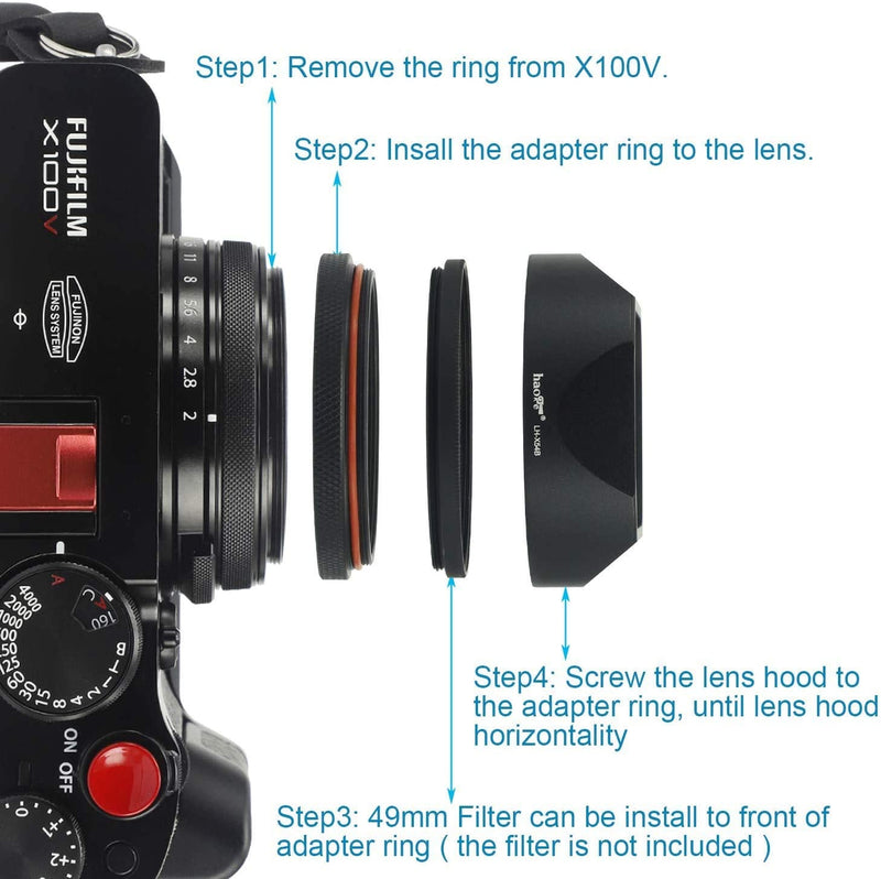 [AUSTRALIA] - Haoge Square Metal Lens Hood for Fuji Fujifilm FinePix X100V X100F X100 X100S X100T X70 Camera Accessories Silver with Cap and 49mm Adapter Ring Kit 