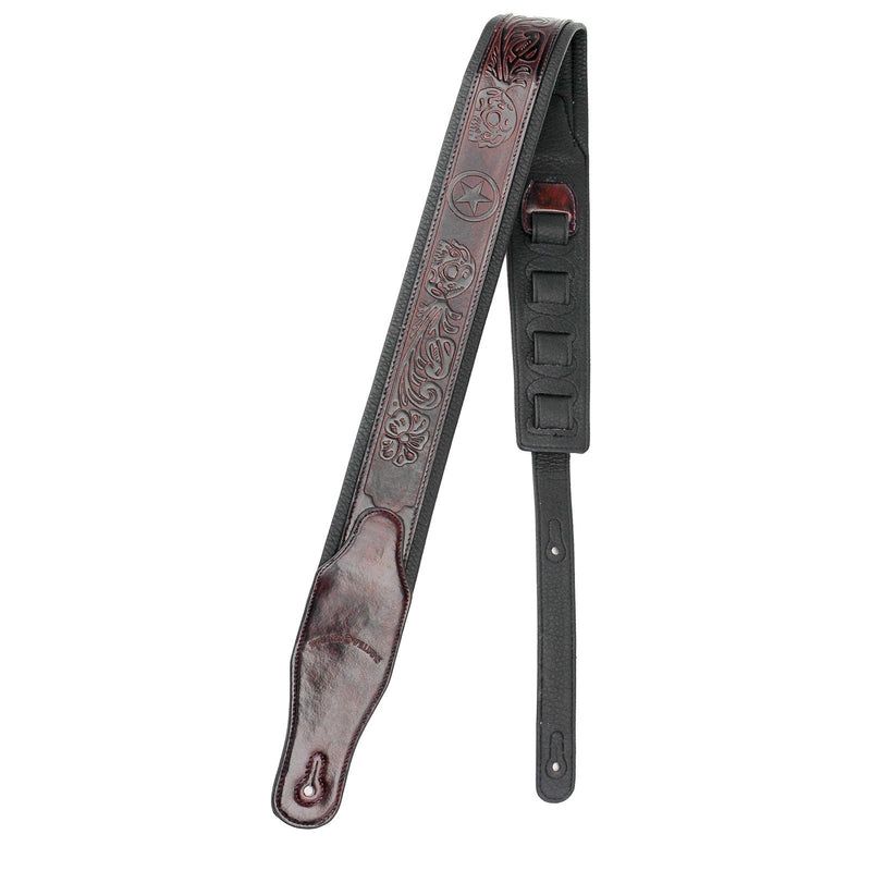 Walker & Williams GB-123 Oxblood Brown Padded Guitar Strap Texas Stars & Skulls