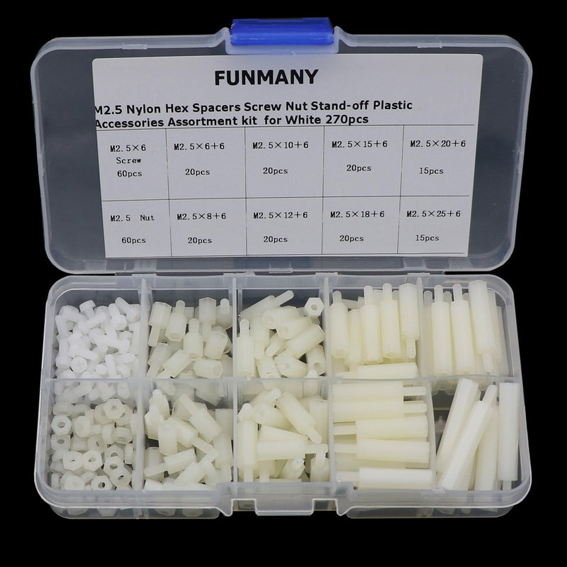 270 Pcs M2.5 Nylon Hex Spacer Standoffs Screws Nuts Assortment Kit,Male Female White