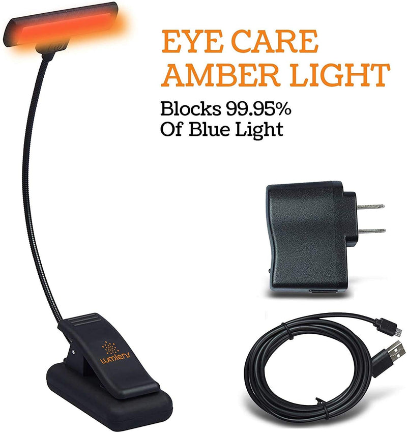 Lumiens Astoria - Amber Reading Light Clip On - 3 Levels of Brightness Book Reading Light - The #1 Eye Care Warm Book Light, Blocks 99.95% of Blue Light, AAA Batteries