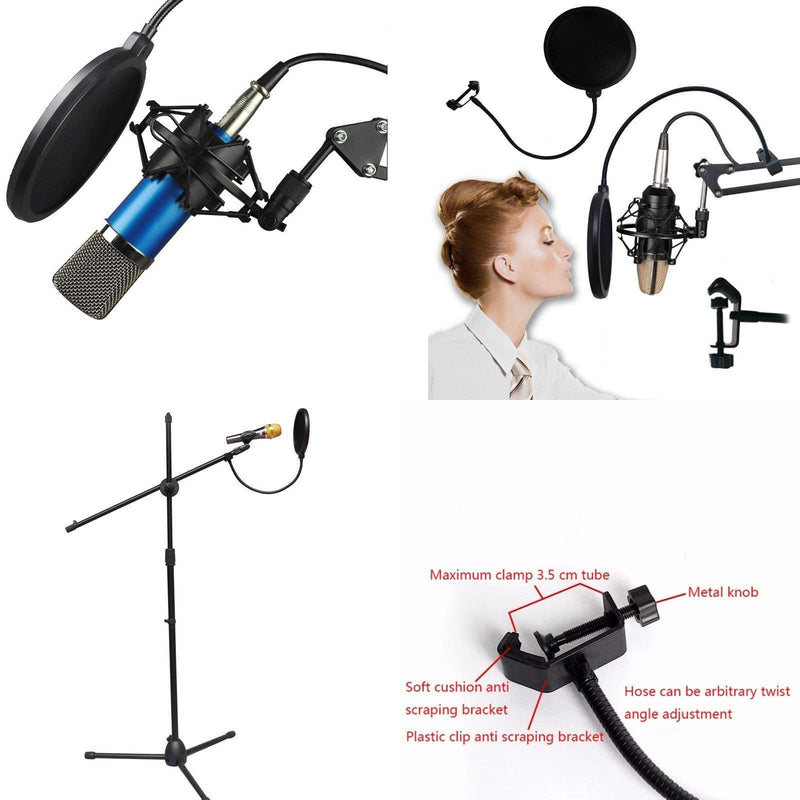 Pop Filters Screen Shield Windscreen for Microphone, Round Shape Dual Layer with 360 Flexible Goozeneck Clip Stabilizing Arm for Singing Speaking Recording