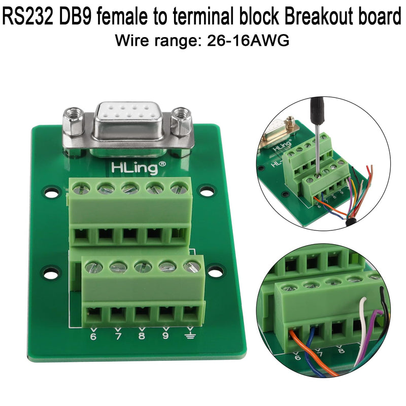 QIANRENON RS232 DB9 Female Connector Breakout Board DB9 Female to Wiring Terminal Solderless Adapter RS232 Serial Test Block Module, for DB9 Serial Communication Prototyping or Troubleshooting