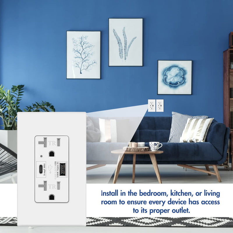 USB C Outlet PD 24W Power Delivery Receptacle 4.8A, Receptacle in-Wall Charger with 20 Amp, 125 Volt Tamper-Resistant Outlet, White Not for laptops (USB c PD 1pack) 1 pack