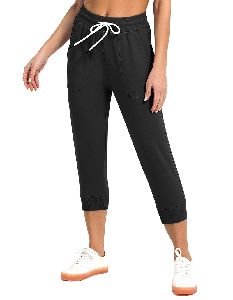 SPECIALMAGIC Women's Sweatpants Capri Pants Cropped Jogger Running Pants Lounge Loose Fit Drawstring Waist with Side Pockets Black Small