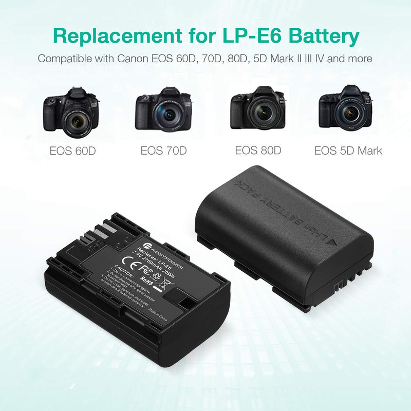 FirstPower LP-E6 LP-E6N Battery 2-Pack 2700mAh and Dual Charger for Canon EOS 60D, 70D, 80D, 5D Mark II III IV, 5DS, 5DS R, 6D, 7D, XC15 Cameras BG-E14, BG-E13, BG-E11, BG-E9, BG-E7, BG-E6 Grips