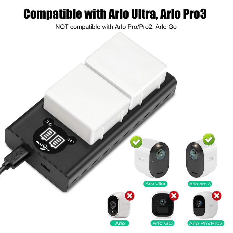 KUNLUN 2-Pack Rechargeable Batteries Compatible with Arlo Pro 3, Arlo Ultra VMA5400 & VMA5400C and LCD Charger (NOT for Arlo Pro 3 Floodlight)
