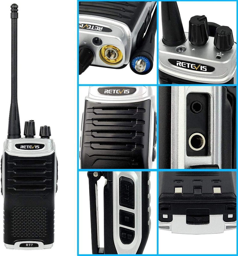 Retevis RT7 Walkie Talkie Rechargeable 16 Channels VOX 2 Way Radio with Headset (Silver Black Border, 1 Pack)