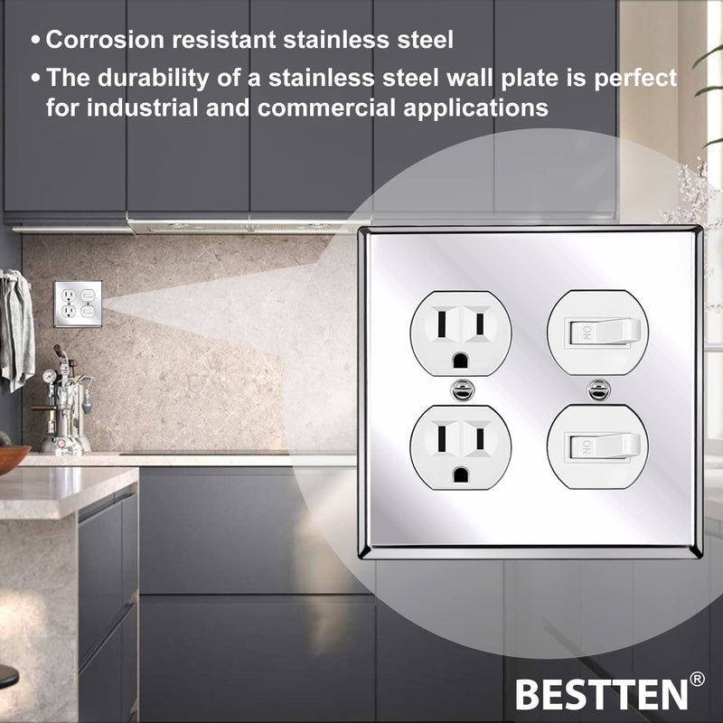 [2 Pack] BESTTEN 2 Gang Mirror Polished Stainless Steel Duplex Wall Plate, Solid Metal Receptacle Outlet Cover, Chrome Appearance