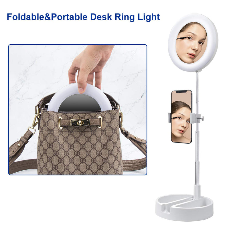 6” Selfie Ring Light Stand,Livelit Desk Foldable Ring Light Built-in Mirror for Makeup YouTube Video Live Streaming Photography Compatible with iPhone&Android (White) White