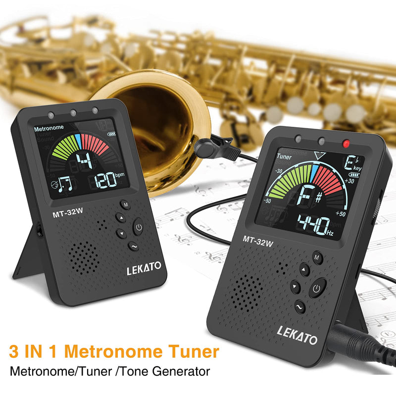 LEKATO Metronome Tuner, Rechargeable 3 In 1 Digital Tuner Metronome Tone Generator for Guitar, Bass, Violin, Ukulele Chromatic Multifunction Tuner for All Instruments Metronome with Human Voice Beat Black