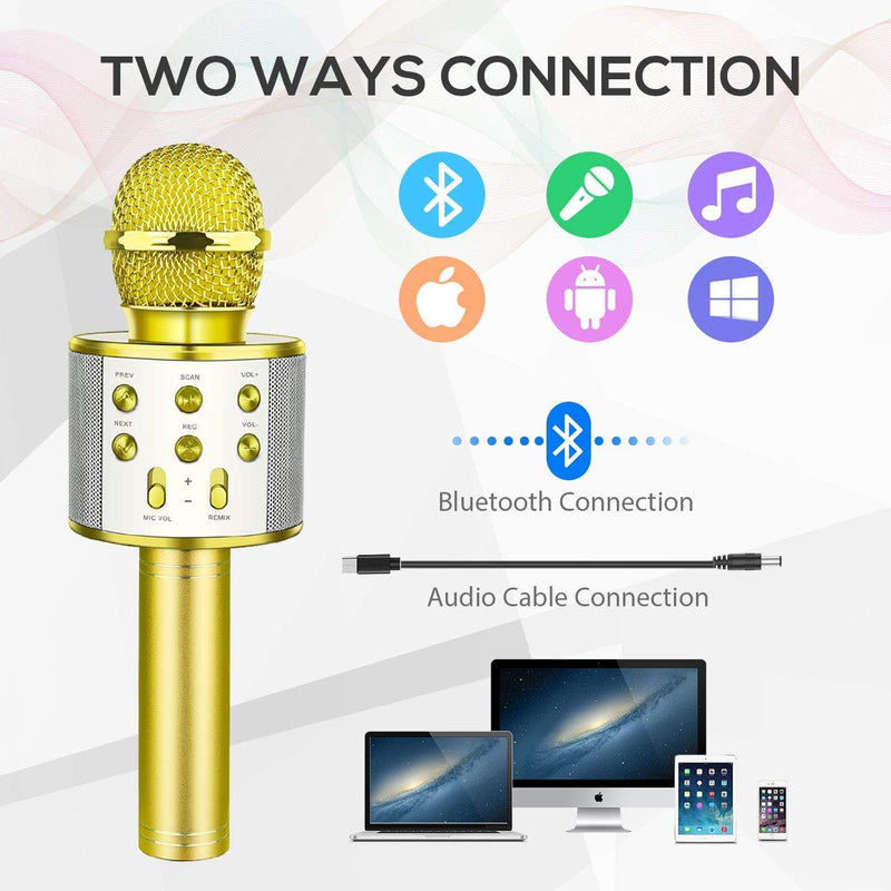 SUNY Wireless Bluetooth Karaoke Microphone with Speaker & Record Function, Best Gift Singing Toy for Kid (Gold) Gold