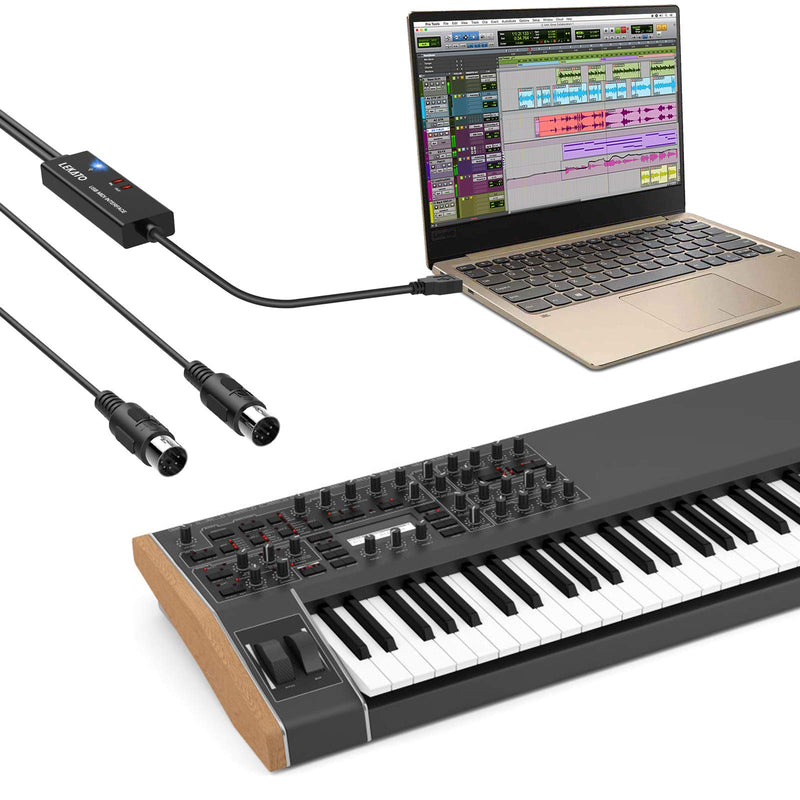 LEKATO MIDI to USB Interface MIDI Cable Adapter, 5-Pin DIN MIDI USB Cable with Input & Output Connecting with Keyboard/Synthesizer for Editing & Recording Track Work with Windows/Mac for Studio-6.5Ft