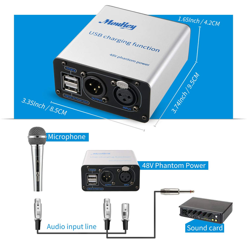 [AUSTRALIA] - Moukey 1-Channel 48V Phantom Power Supply with New USB Charging Capability, 10 Feet XLR Cable and Adapter for Any Condenser Microphone Music Recording Device 