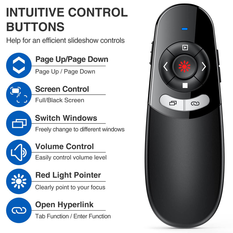 DINOSTRIKE 2 in 1 Type C and USB Presentation Clicker for Powerpoint Presentations,RF 2.4GHz Wireless Presenter Remote Slide Advancer with Volume Control for Mac Laptop Computer Office Classroom Classic Version