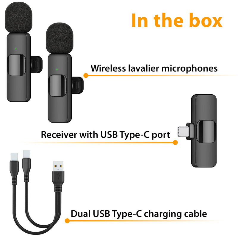PowerDeWise Wireless Lavalier Microphone for Android Phones USB Type C, iPad MacBook, Noise Cancelling Cordless Microphones Plug&Play Mini Mic Lapel Microphone Clip On Wireless Mic for Android 2 Pack 2Mics Android USB C