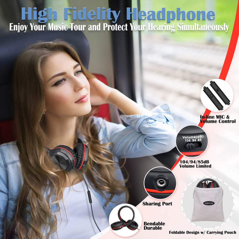 SIMOLIO Wired Headphones with Microphone & Volume Control & 3-Level Switchable Volume Limited & Share Jack & Bag, Stereo Headset for Kids Teens Adults Youth School Plane Travel Gift PC Computer Laptop