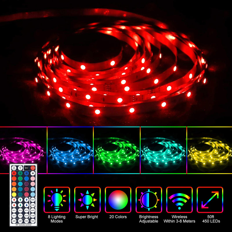 [AUSTRALIA] - LED Strip Light 50ft AMVOOM Ultra Long 15M RGB LED Rope Light 5050 SMD with 44 Keys Wireless RF Controller and 24V Power Supply for Room Kitchen Party Festival Deco 