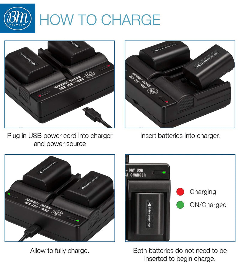 BM Premium 2 NP-FV50A High Capacity Batteries and Dual Bay Charger for Sony FDR-AX30 FDR-AX33 FDR-AX53 FDR-AX700 FDR-AX100 AX35 HXR-MC50 HXR-MC88 HX-RNX80 PXW-Z90V VG10 VG20 VG30 NEX-VG900 Camcorders