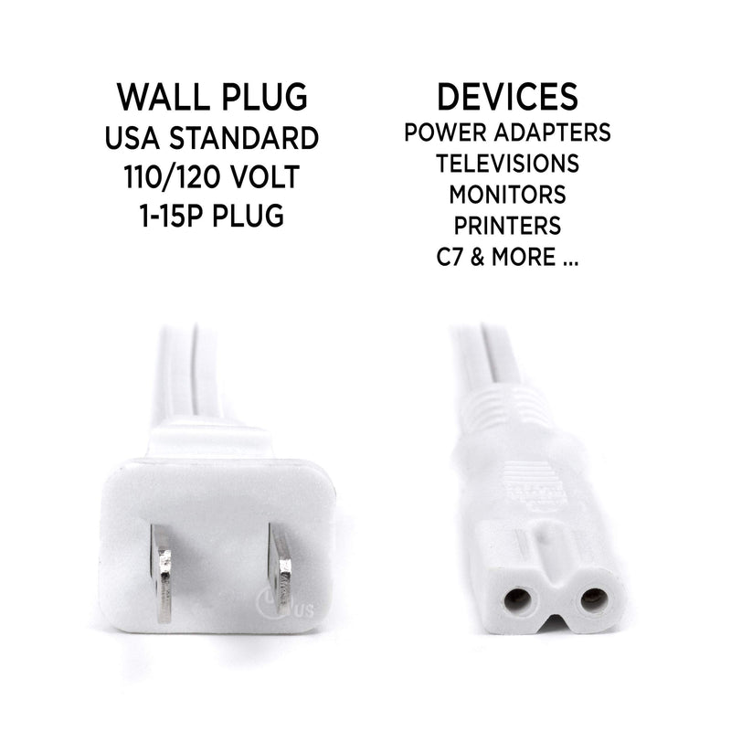 2 Prong Power Cord with Premium Quality Copper Wire Core - Polarized (Square/Round) for Satellite, CATV, Motorola & PS } NEMA 1-15P to C7 / IEC320 - UL Listed - White, 6ft Power Cable 6 Feet (1.8 Meter)