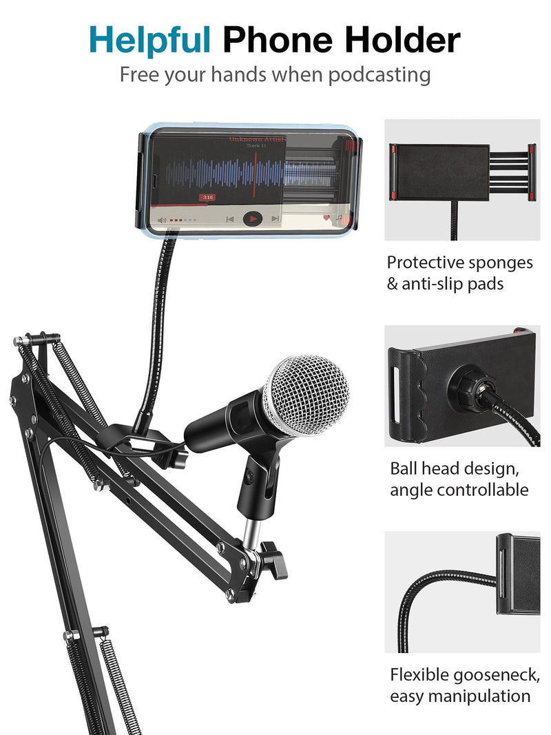 InnoGear Microphone Stand, Mic Stand with Phone Holder, Pop Filter, Shock Mount, Microphone Windscreen, Mic Clip, Table Mounting Clamp, Cable Ties, 3/8'' to 5/8'' Screw Adapter