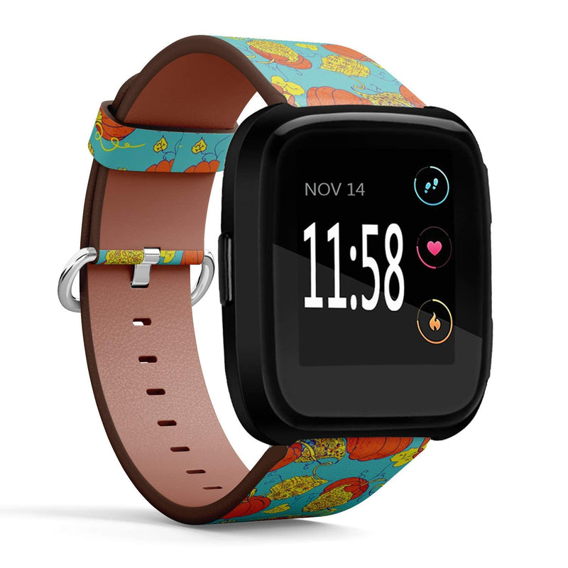 Compatible with Fitbit Versa/Versa 2 / Versa LITE - Leather Watch Wrist Band Strap Bracelet with Quick-Release Pins (Halloween Cute Pumpkins)