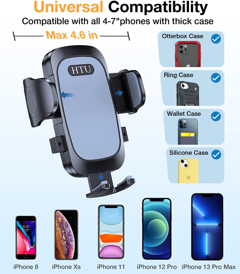 HTU Cell Phone Holder for Car Dashboard [Big Phones & Thick Case Friendly] Compatible for iPhone 13 Pro Max 12 11 Pro All Smartphones Easy One Touch Cellphone Car Mount Dash Windshield Air Vent Cradle