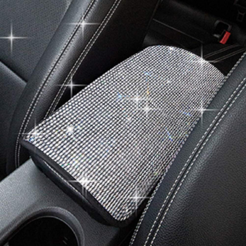 SUHU Bling Car Armrest Cover Cute Charming Auto Center Console Protective Cover Luster Crystal Rhinestone Car Arm Rest Cushion Pad Bling Car Interior Accessory for Women Girl (Silver)12.2 x 8.7 Inch Silver