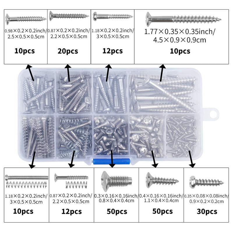 Novelfun Guitar Screw Kit 9 Types Assortment Set with Springs for Electric Guitar Bridge, Pickup, Pickguard, Tuner, Switch, Neck Plate, 204 Pieces, Chrome