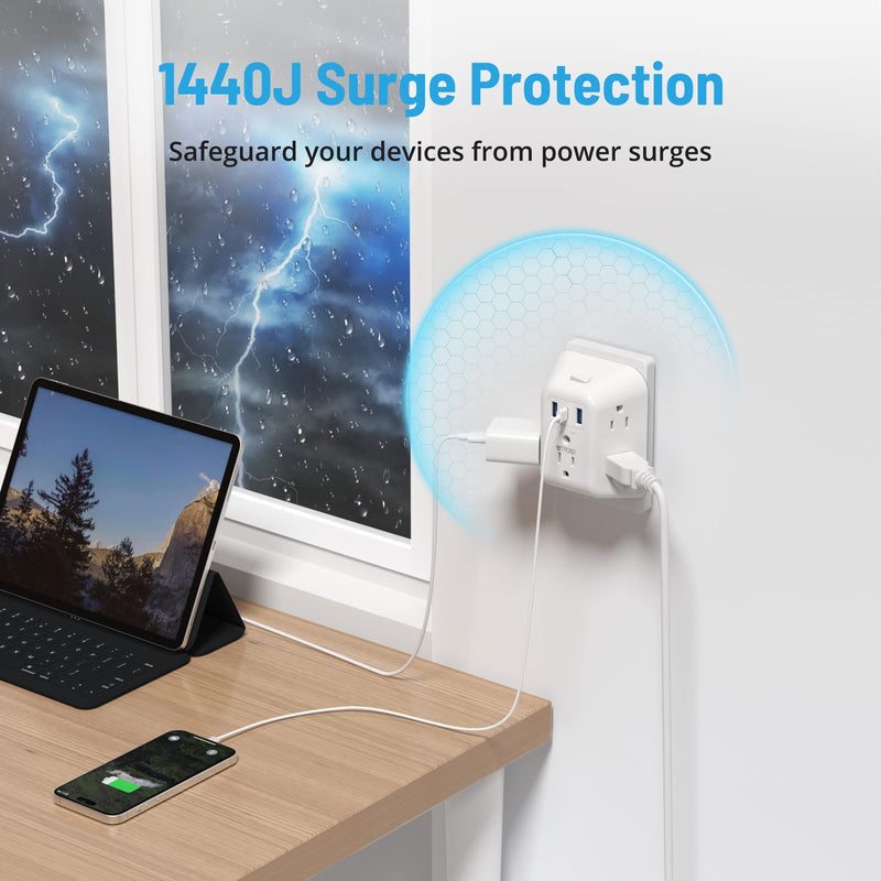 2 Prong Power Strip USB, TROND 2 to 3 Prong Outlet Adapter, 5 Outlet Splitter with 3 USB Ports(1 USB C), Wall Mount 1440J Surge Protector with ON/OFF, Polarized Plug, for Non-Grounded Outlet Old House