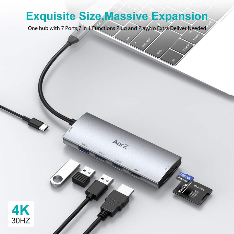 USB C Hub, USB Hub to HDMI Multiport AorZ USB C Dongle Adapter 7 in 1 with 4K HDMI Output,3 USB 3.0 Ports,SD/Micro SD Card Reader,100W PD,Compatible with MacBook Pro Air HP XPS and More Type C Devices