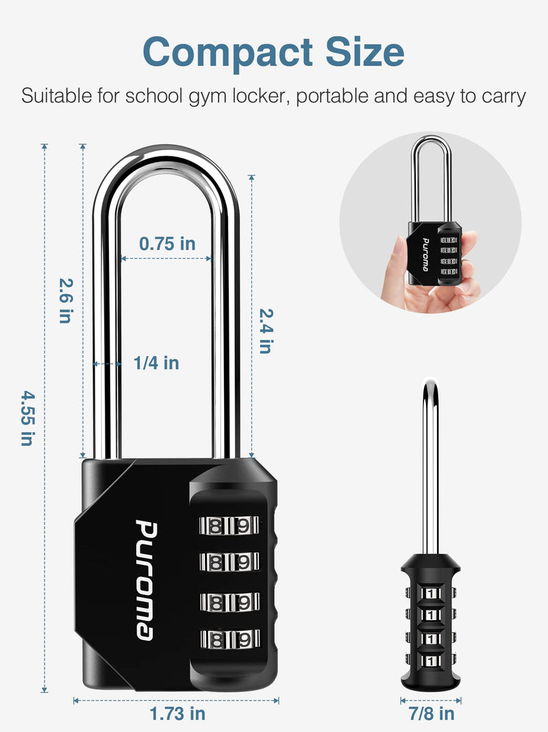 Puroma 2 Pack 2.6 Inch Long Shackle Combination Lock 4 Digit Outdoor Waterproof Padlock for School Gym Locker, Sports Locker, Fence, Gate, Toolbox, Case, Hasp Storage (Black) Black
