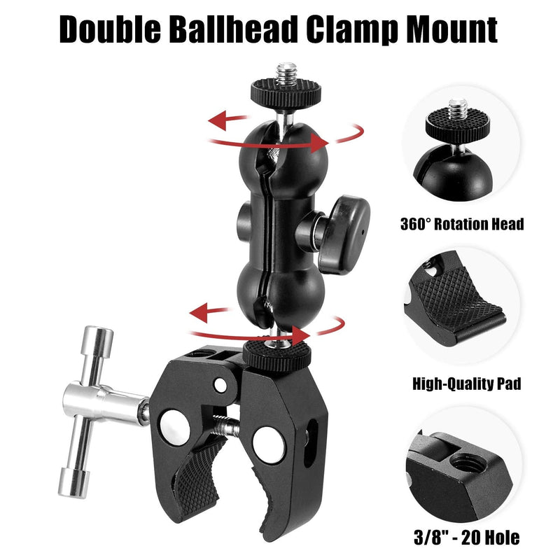 WANBY Double Ballhead Magic Arm Camera Clamp Mount Monitor Mount Bracket with Super Clamp with 1/4" and 3/8" Thread for DSLR Camera Rig, LCD Monitor, LED Flash Lights