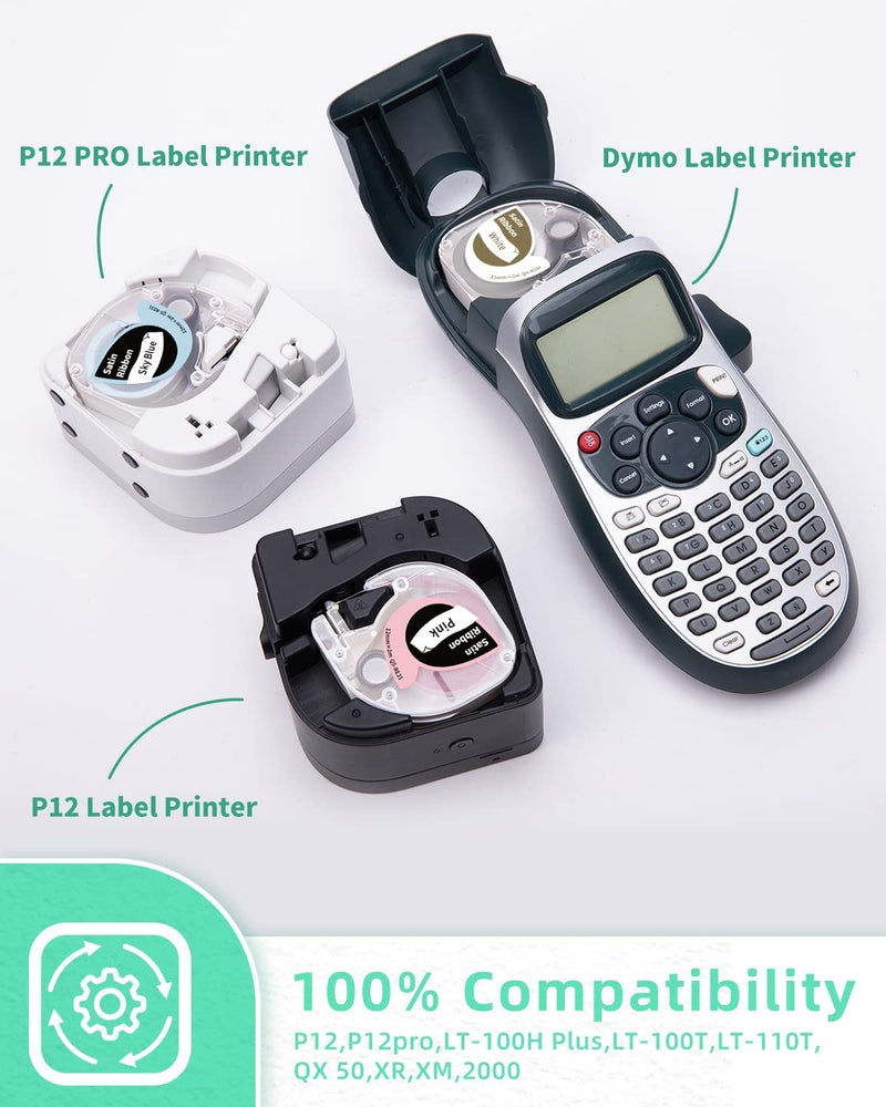 Phomemo P12 Labels Satin Ribbon Label Tape, P12 Tape Work with Dymo LetraTag LT-100H 200B Label Maker, Label Maker Refills for Phomemo P12 & P12-Pro Label Maker, Compatible Dymo Letratag Tape, 3 Pack Satin Ribbon Labels in Mixed Colors