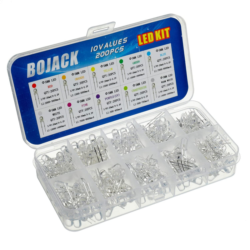 BOJACK 10 Colors 200 pcs 5mm LED Diode Lights Assored Kit Pack ( Transparent DC 2V - 3.2V 20mA) Bright Lighting Bulb Lamps Electronics Components 5 mm Light Emitting Diodes Parts