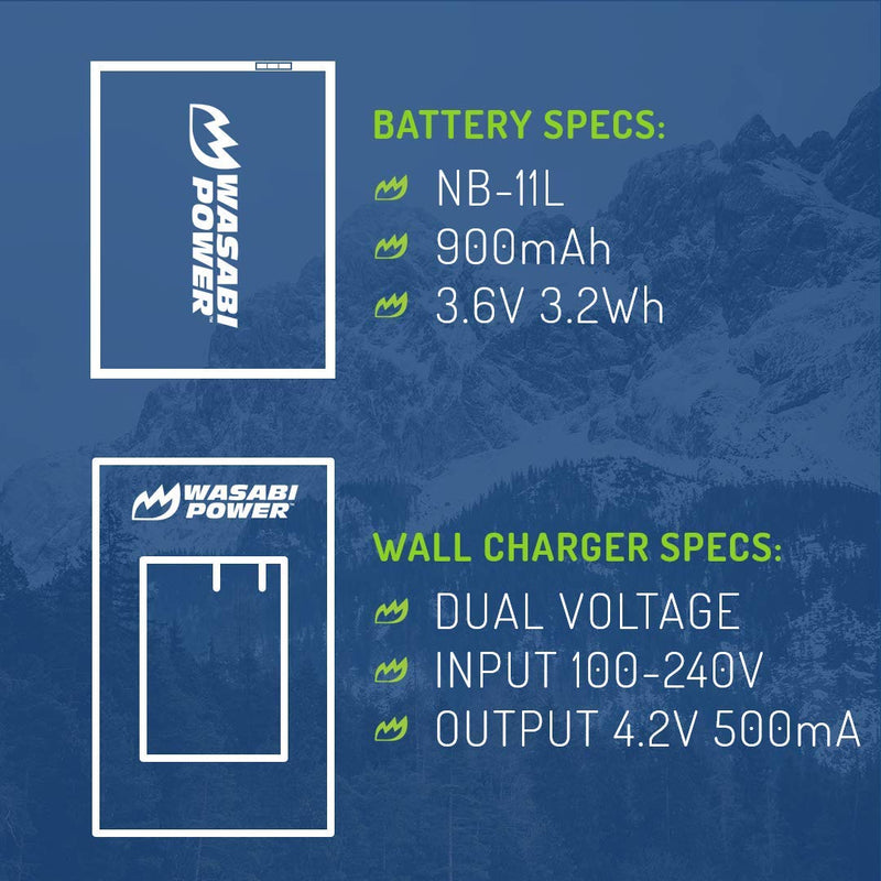 Wasabi Power Battery (2-Pack) and Charger for Canon NB-11L, NB-11LH and Canon PowerShot A2300 IS, A2400 IS, A2500, A2600, A3400 IS, A3500 IS, A4000 IS, ELPH 110 HS, ELPH 115 HS, ELPH 130 HS, ELPH 135 IS, ELPH 140 IS, ELPH 150 IS, ELPH 160, ELPH 170 IS,...