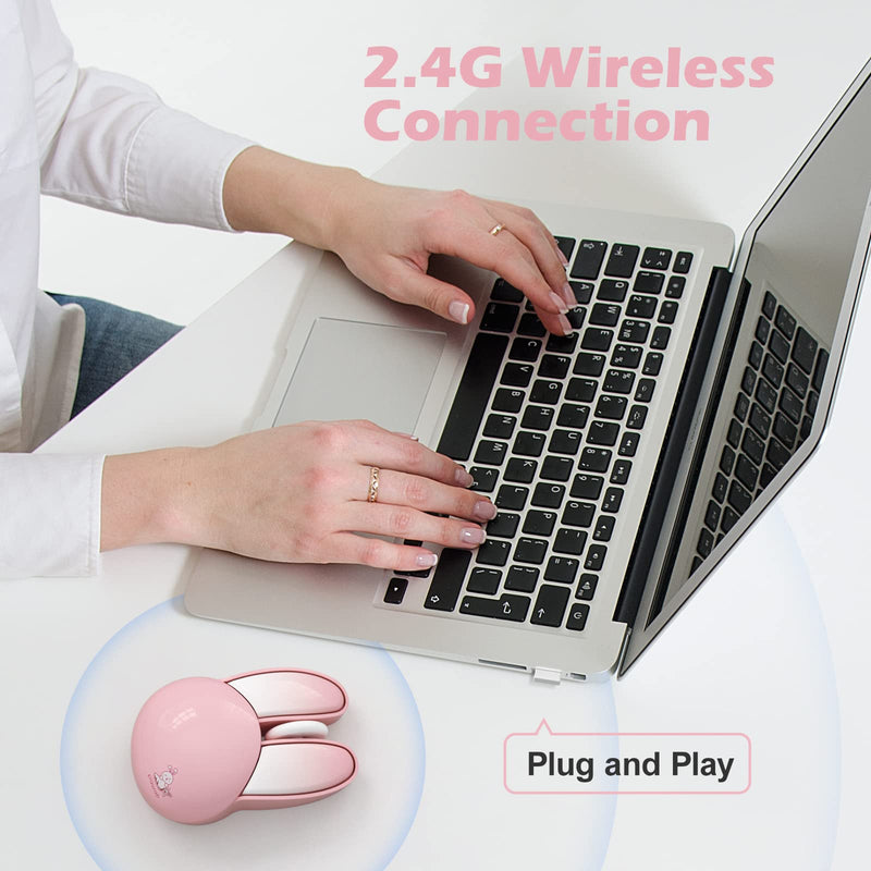 Wireless Silent Mouse, Cute Rabbit Designs, 2.4 GHz with USB Mini Receiver, Opatical Mouse Wireless for Laptop, PC, Computer, Chromebook, Notebook Pink