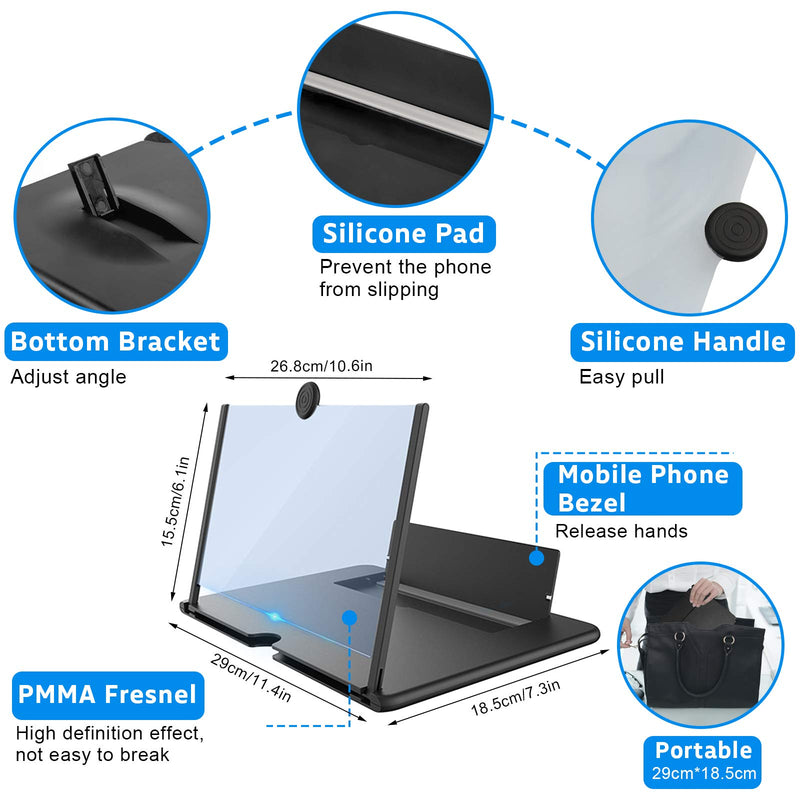 Screen Magnifier for Cell Phone, 14" 3D HD Mobile Phone Screen Amplifier with Folding Stand Holder, Magnifying Projector Screen Enlarger for Movies, Videos, Gaming - 3X Magnification Anti-Reflective Black