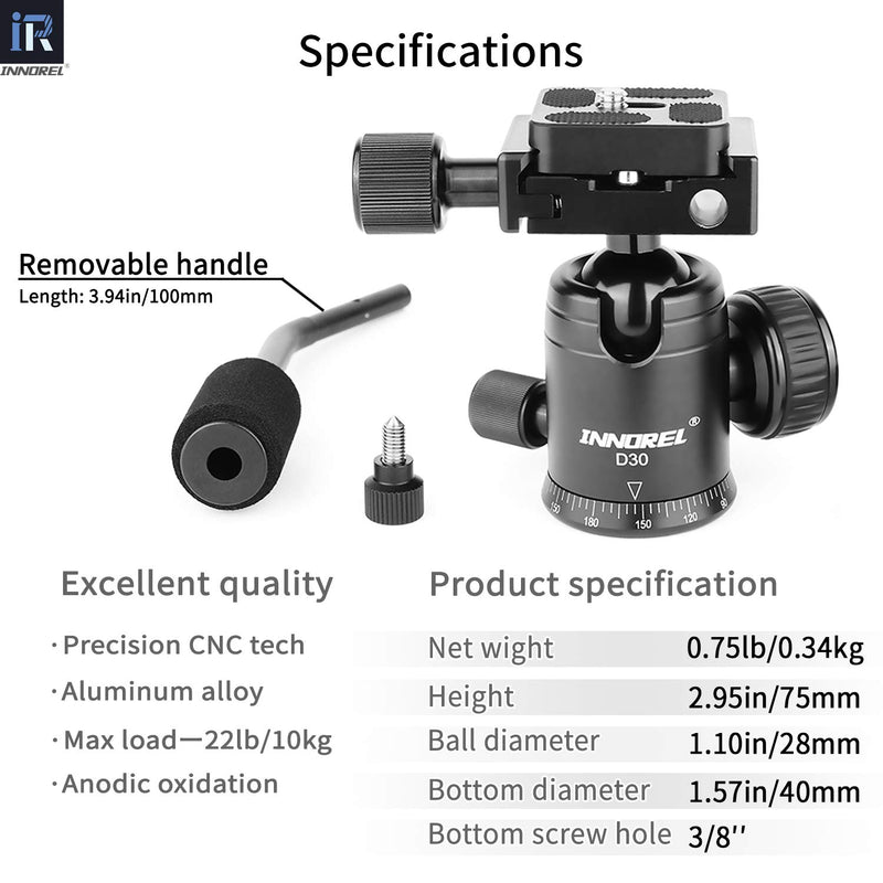 D30 Panoramic Ball Head with Handle All Metal CNC Ballhead Camera Mount INNOREL Tripod Heads with Two Quick Release Plates and Phone Clip for Monopod, DSLR, Camcorder, DV, Telescope，Max Load 22lb/10kg